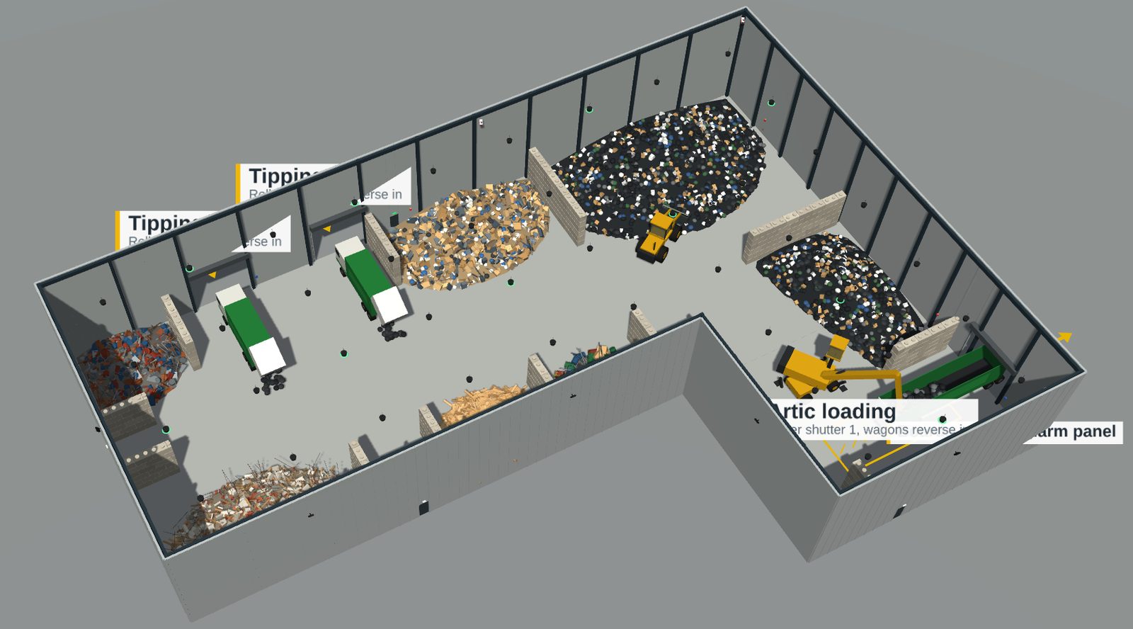 3D model of the warehouse showing the interlocking block bays with waste stored in each bay