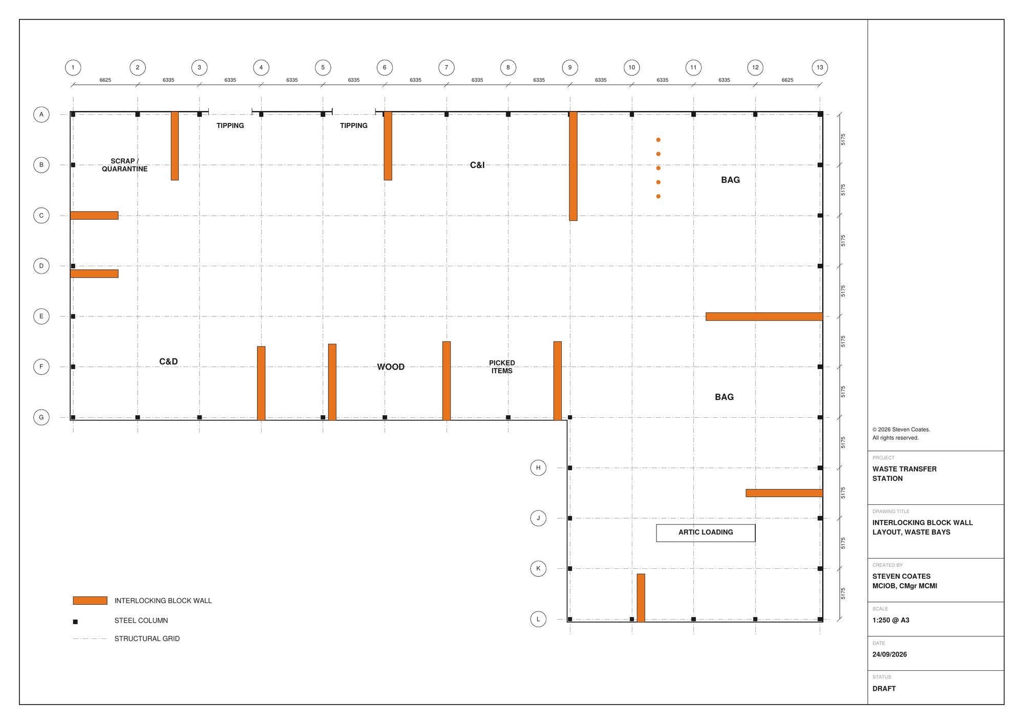 Scaled layout drawing showing interlocking block wall positions on the structural grid